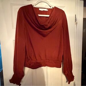 ASTR the label satin cowl neck Long Sleeve Blouse Rust - SZ Med
